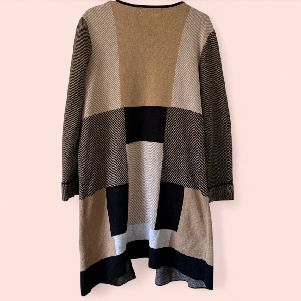 Women’s Large Kasper Plaid Color Block Open Front Long Knit Cardigan - Picture 2 of 8